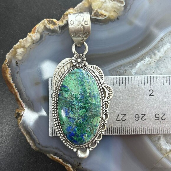 Sterling Southwestern Style Elongated Chrysocolla Decorated Pendant For Women - Picture 2 of 10
